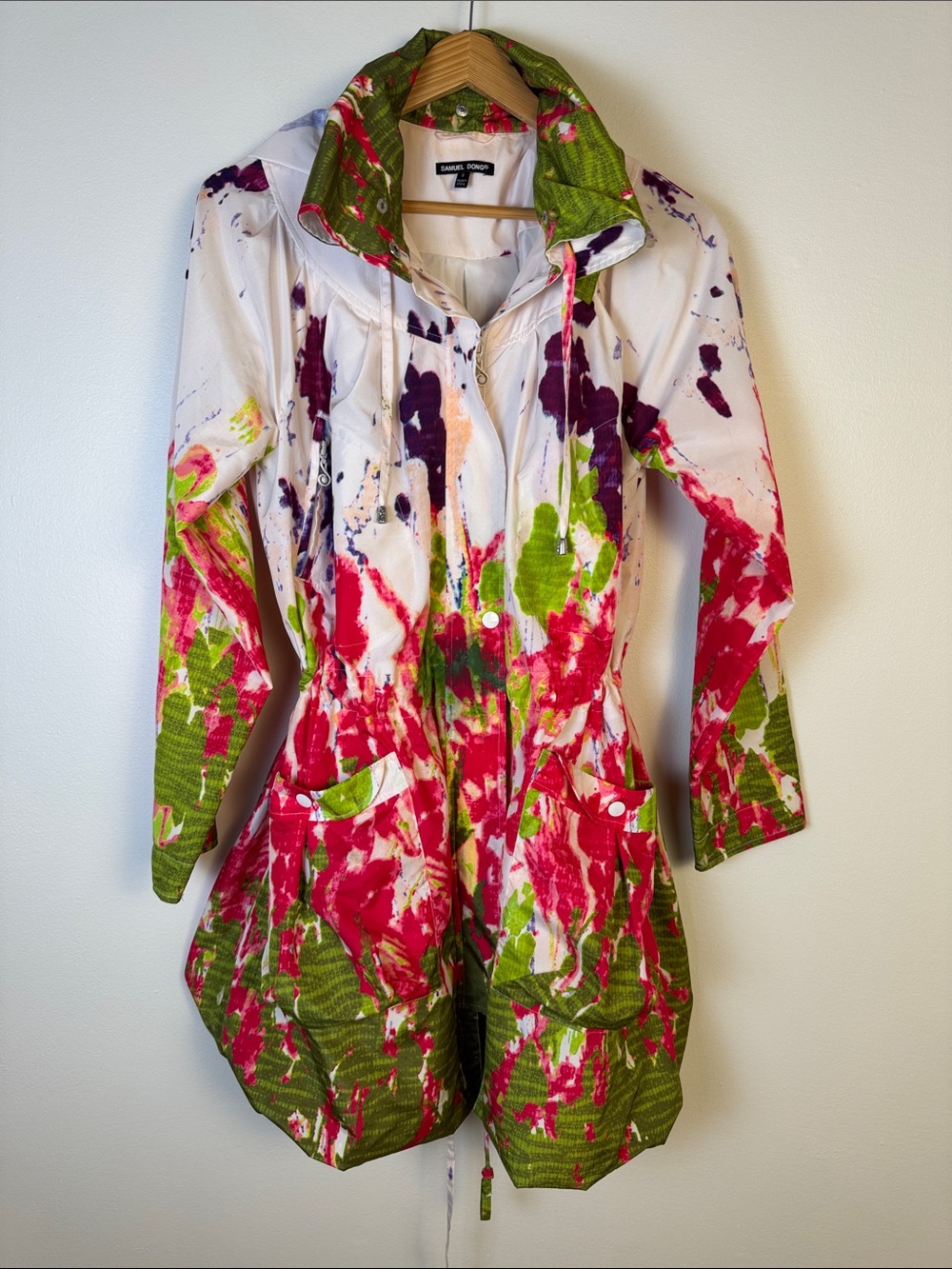 Samuel Dong White Hooded Rain Coat with Pink, Green & Purple Abstract Print